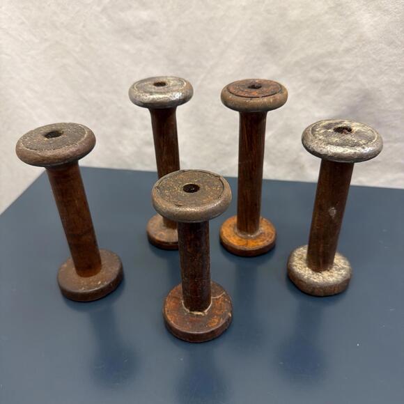 Other - Vintage Industrial Lot Of 5 Wooden Textile Bobbins Wood Metal Farmhouse Sewing
